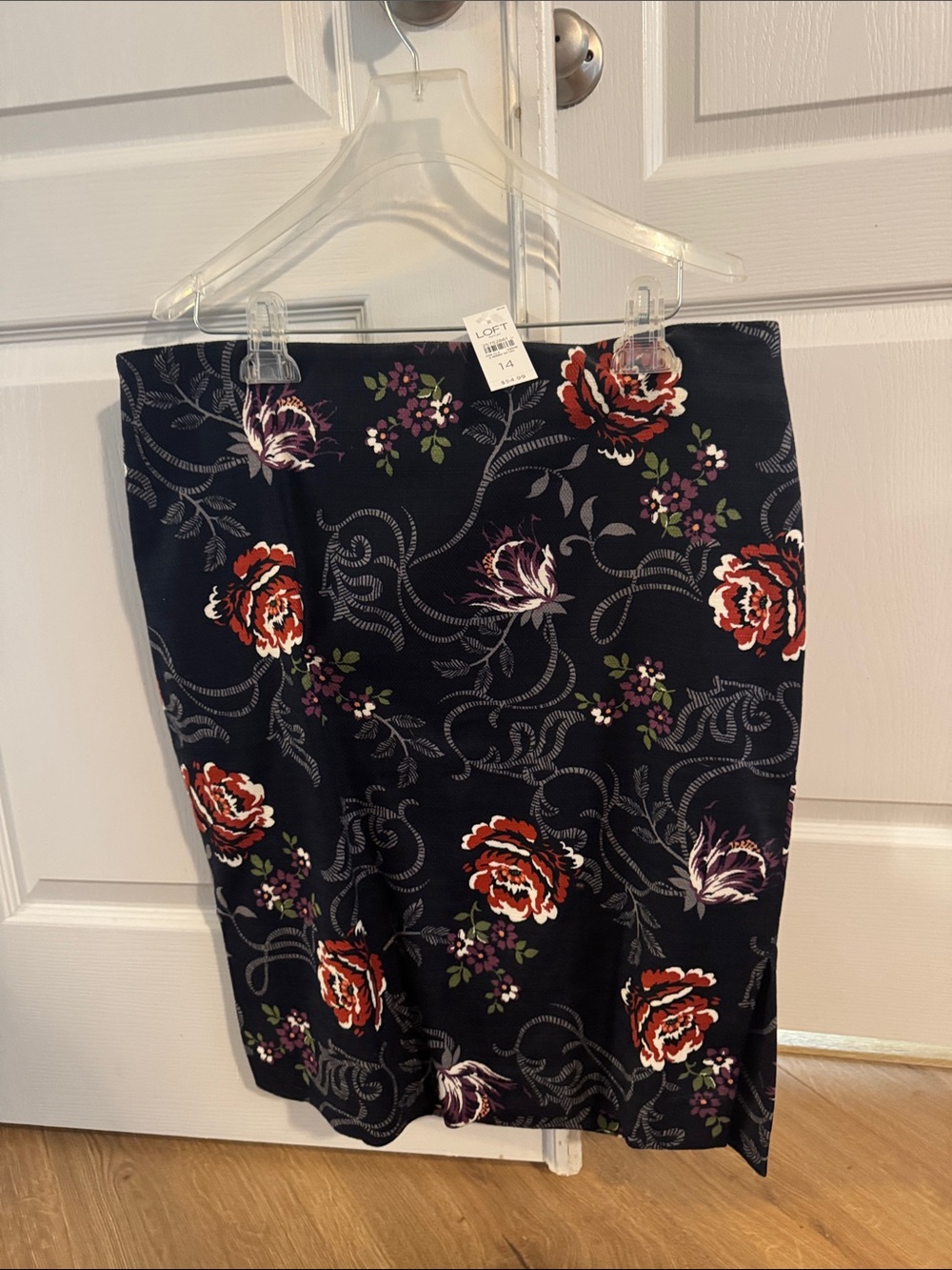 LOFT Navy Floral Pencil Skirt - Red & Purple Blooms